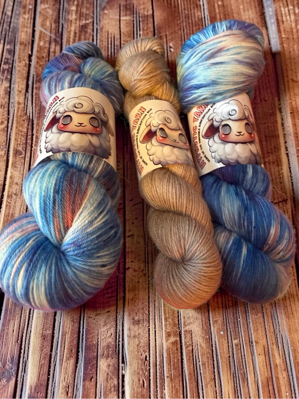 Hand-Dyed Yarn Skein Trio - Blue, Tan, and Multicolor - Artisan Fiber Arts